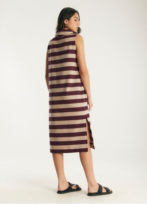 Vestido malha listras gola alta areia