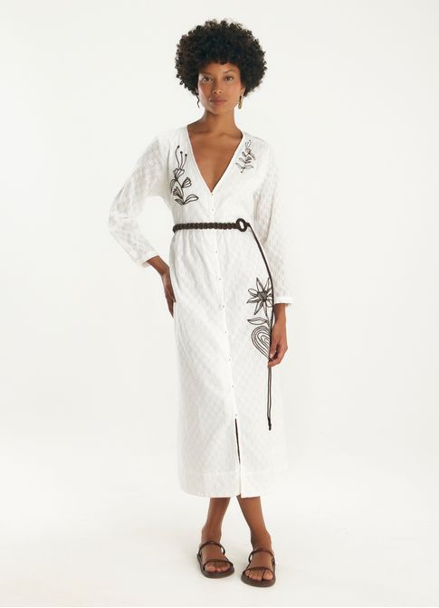 Vestido algodão ponto ajour bordado