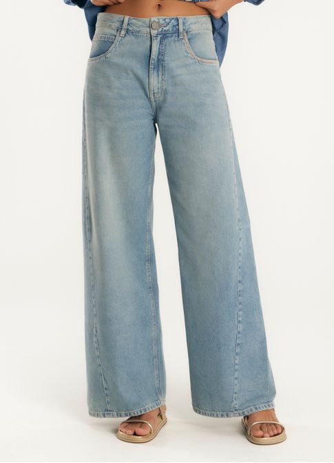 Calça jeans wide leg bordado bolso jeans