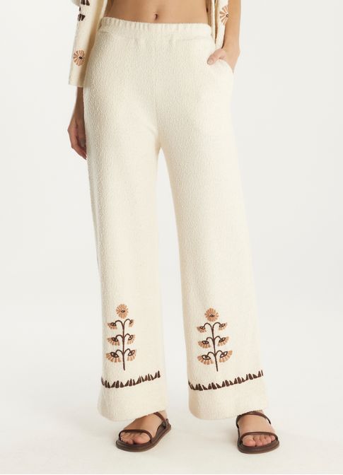 Calça malha linho bordada