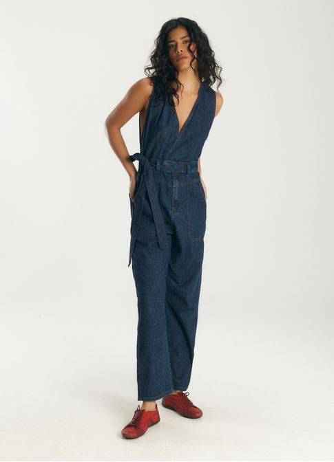 Macacão jeans transpasse jeans