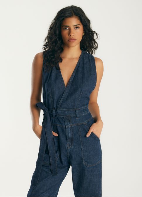 Macacão jeans transpasse jeans