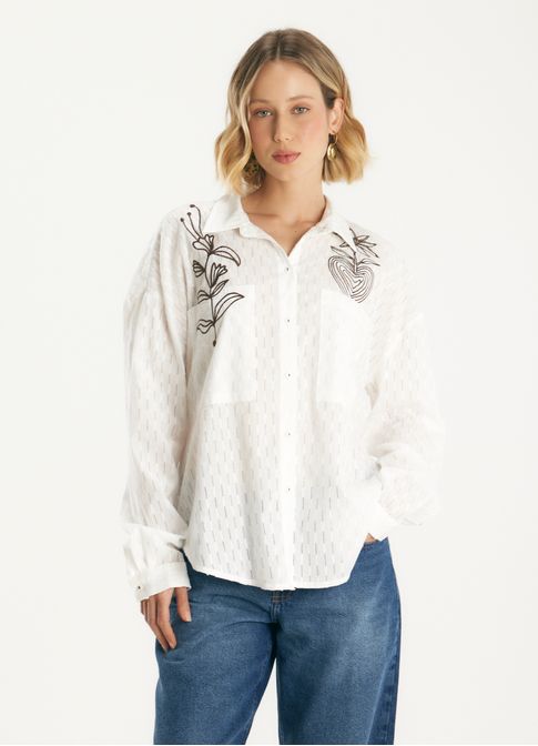 Camisa algodão ponto ajour bordado