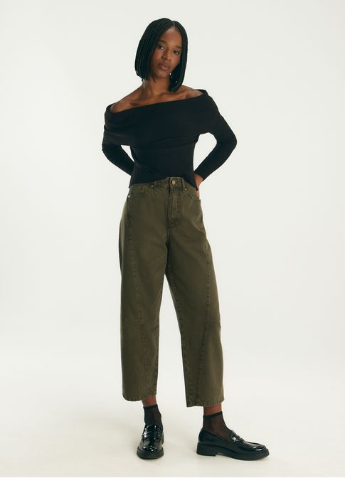 Calça sarja barrel high stone verde escuro