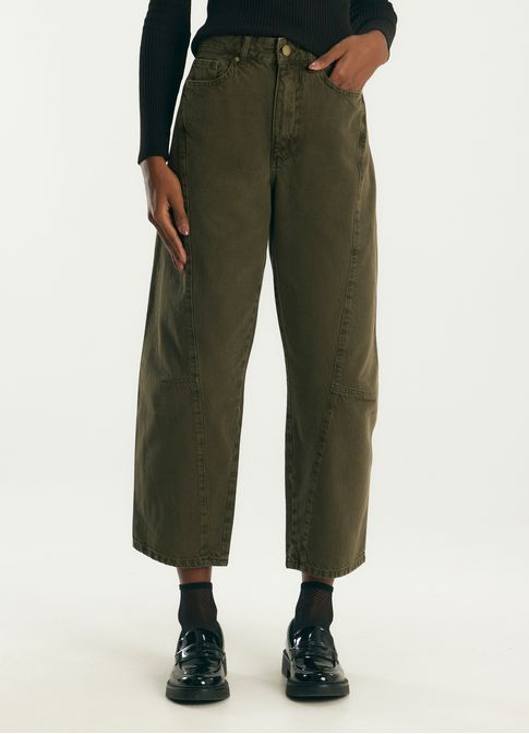 Calça sarja barrel high stone verde escuro