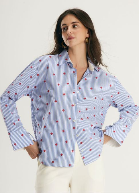 Camisa algodão listra bordado ponto cruz
