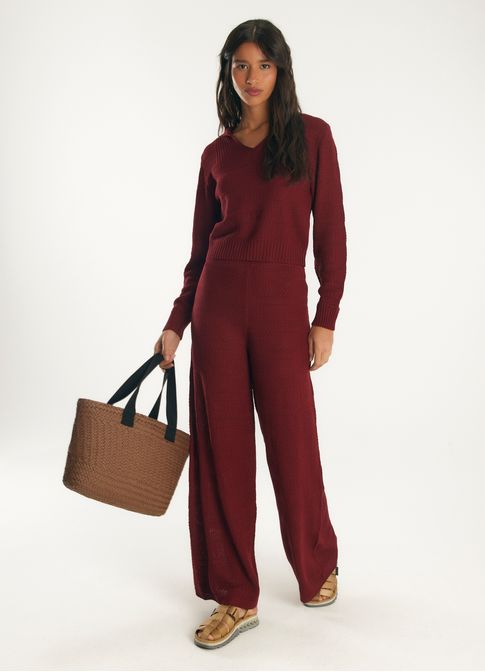 Calça pantalona tricô vinho
