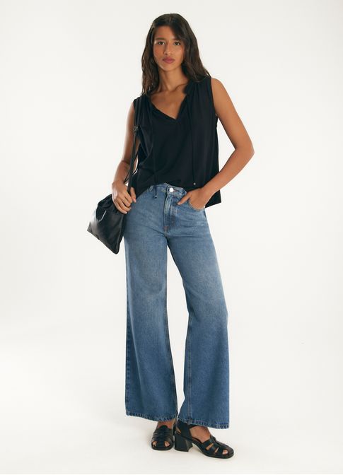 Calça jeans wide leg basic destroyed jeans