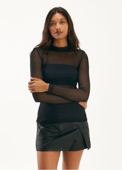 Blusa tule manga longa preto