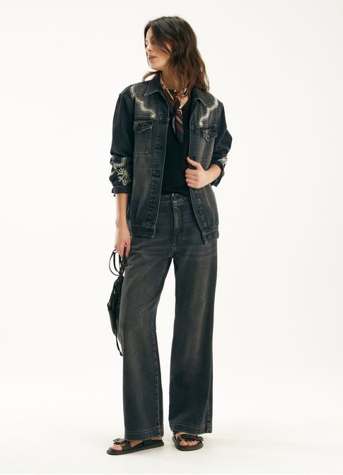 Jaqueta jeans bordado western preto