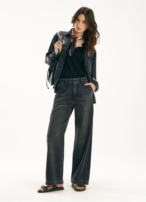 Calça jeans wide leg black denim preto