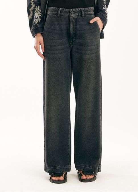 Calça jeans wide leg black denim preto
