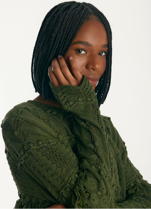 Cardigan maxi pontos tricô verde escuro