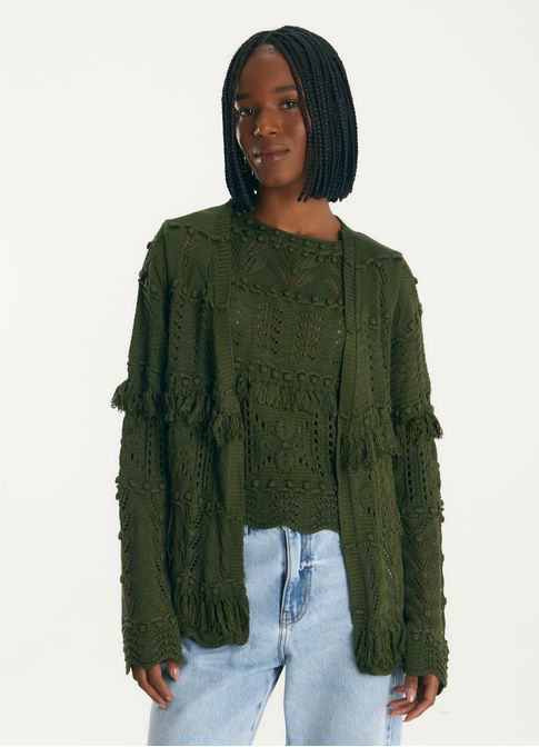 Cardigan maxi pontos tricô verde escuro