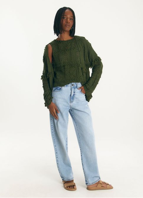 Cardigan maxi pontos tricô verde escuro