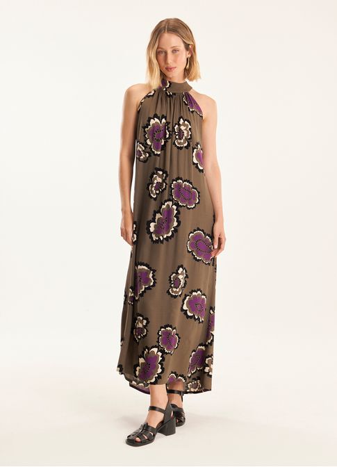 Vestido crepe gola faixa estampado carmem