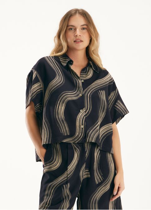 Camisa linho curta estampada brushes
