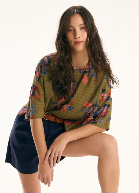 Blusa box estampado paisley acqua