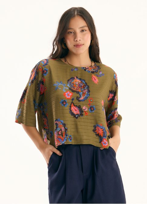 Blusa box estampado paisley acqua