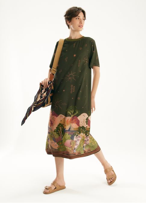 Vestido gola estampado zíngaro