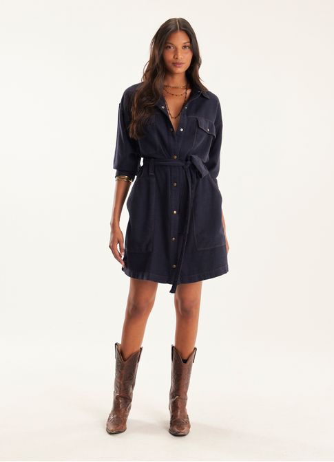 Vestido sarja chemisier azul marinho