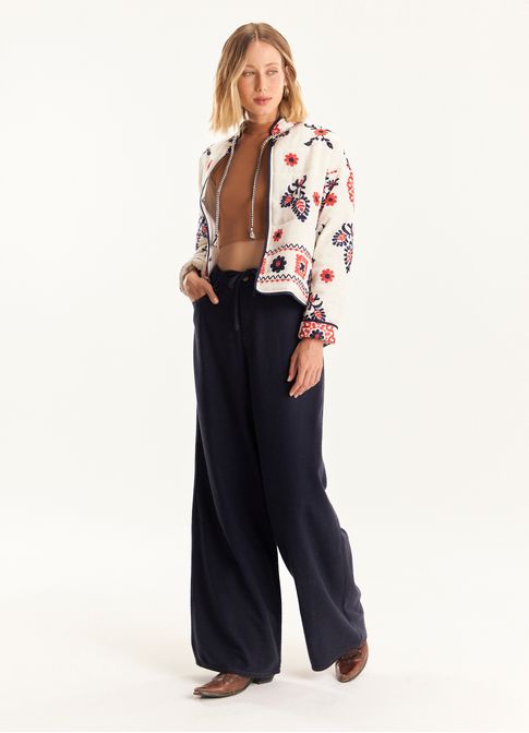 Calça sarja pantalona amarração azul marinho
