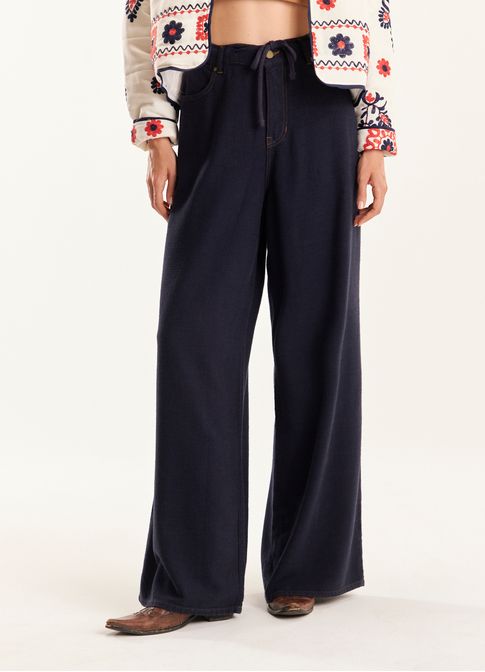 Calça sarja pantalona amarração azul marinho