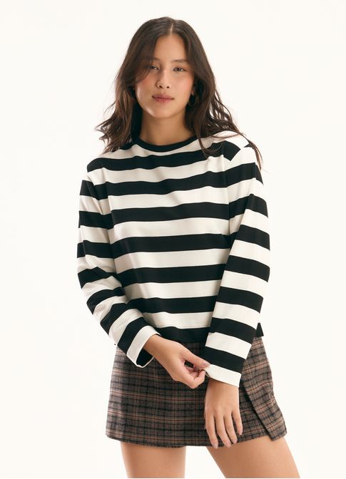 Blusa manga longa malha listrada preto