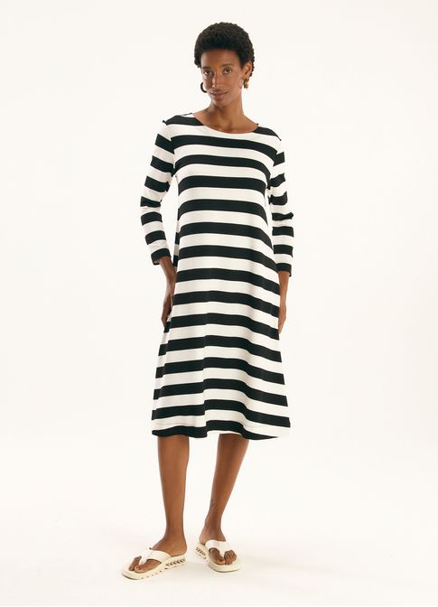 Vestido manga longa malha listrada preto