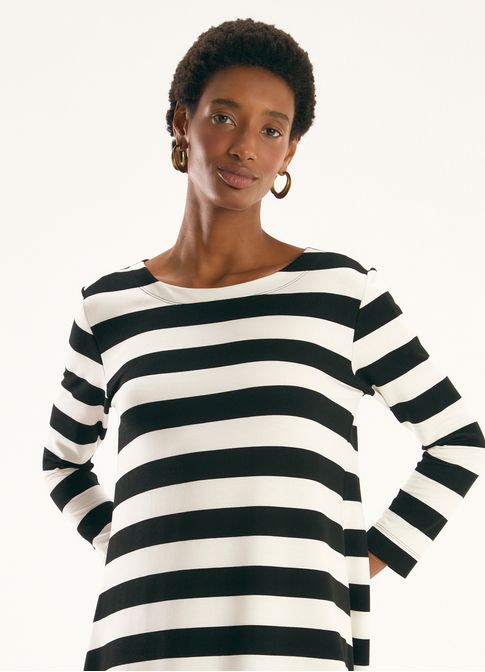 Vestido manga longa malha listrada preto