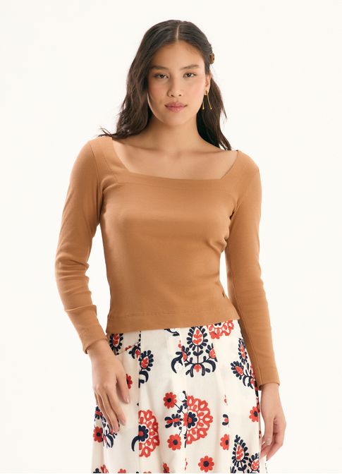 Blusa decote quadrado ribana com elastano marrom