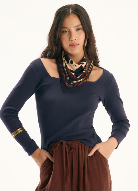 Blusa decote quadrado ribana com elastano azul marinho