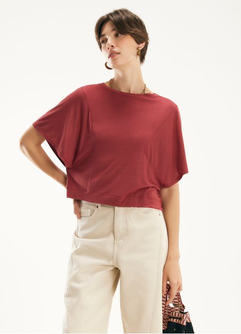 Blusa viscose manga recorte vermelho