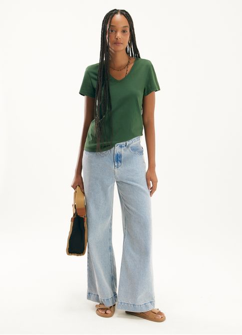 Blusa algodão gola v verde militar