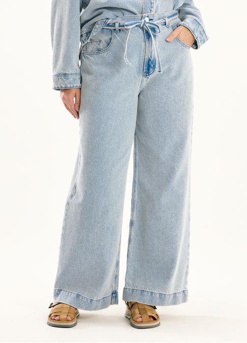 Calça jeans wide leg amarração jeans