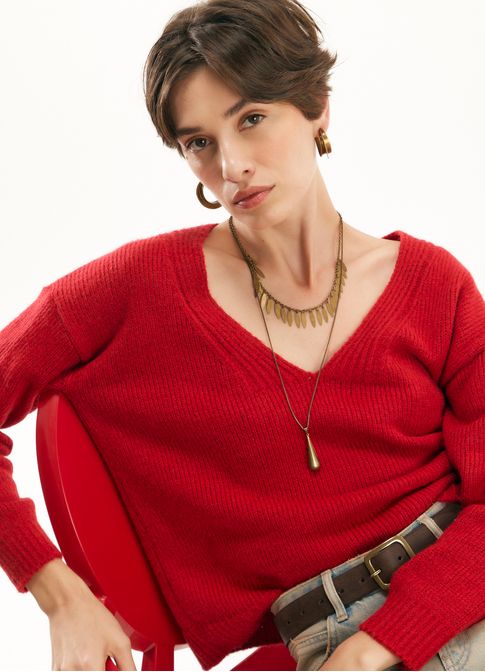 Pull tricô comfy decote vermelho