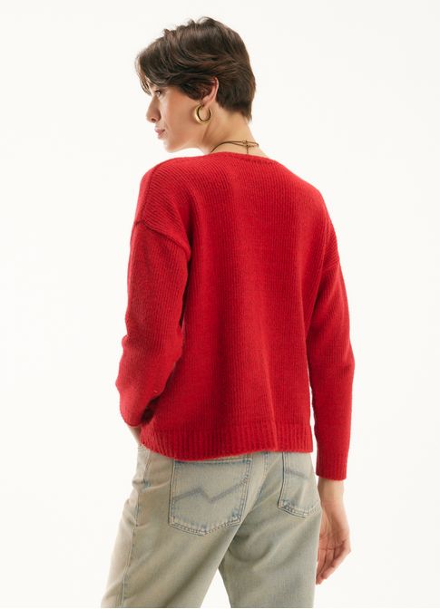 Pull tricô comfy decote vermelho