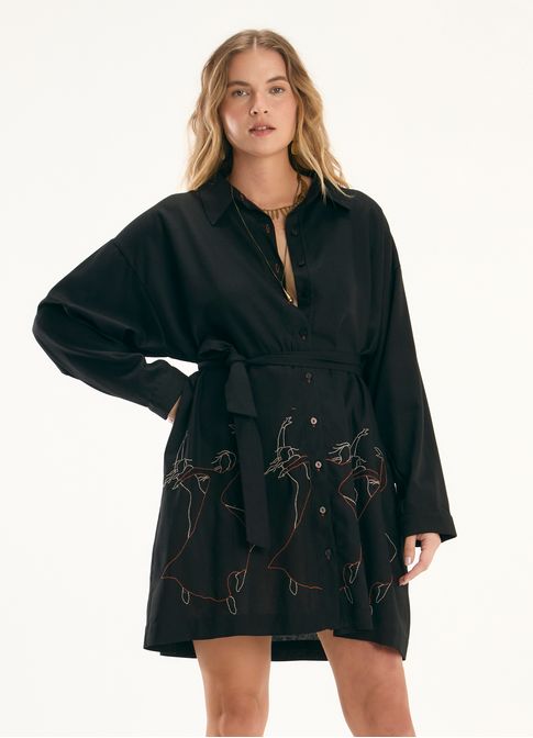 Vestido linho bordado la danza preto