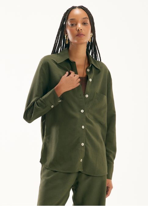 Camisa linho alfaiataria destinos verde militar
