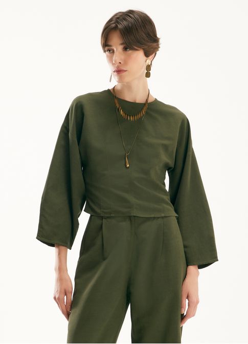 Blusa linho alfaiataria destinos verde militar