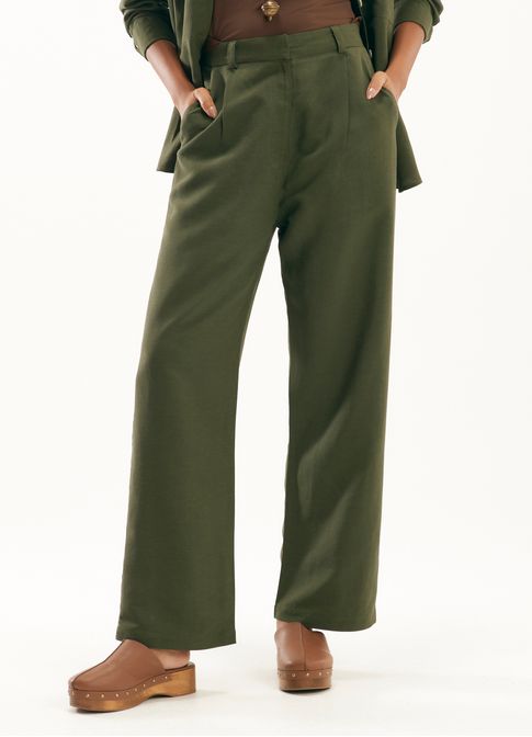 Calça reta linho alfaiataria destinos verde militar