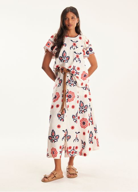Saia linho bordado floral místico