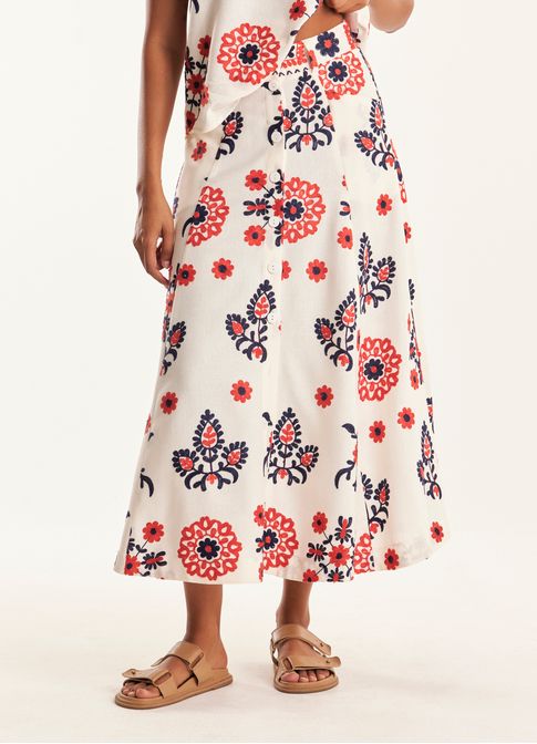 Saia linho bordado floral místico