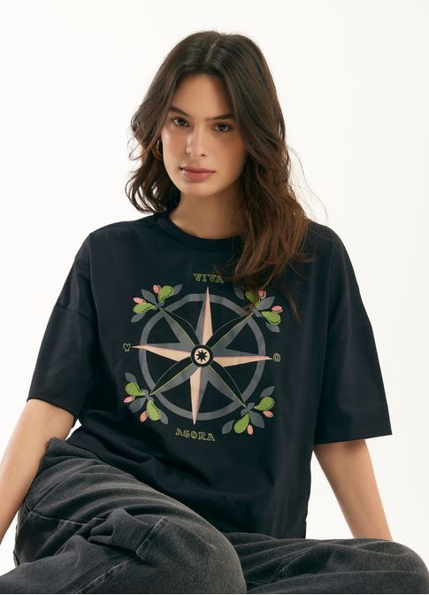 T-shirt maxi rosa dos ventos bordada preto