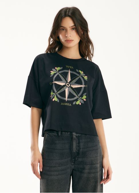 T-shirt maxi rosa dos ventos bordada preto