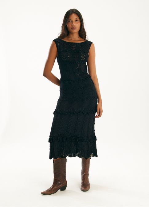 Vestido maxi pontos tricô preto