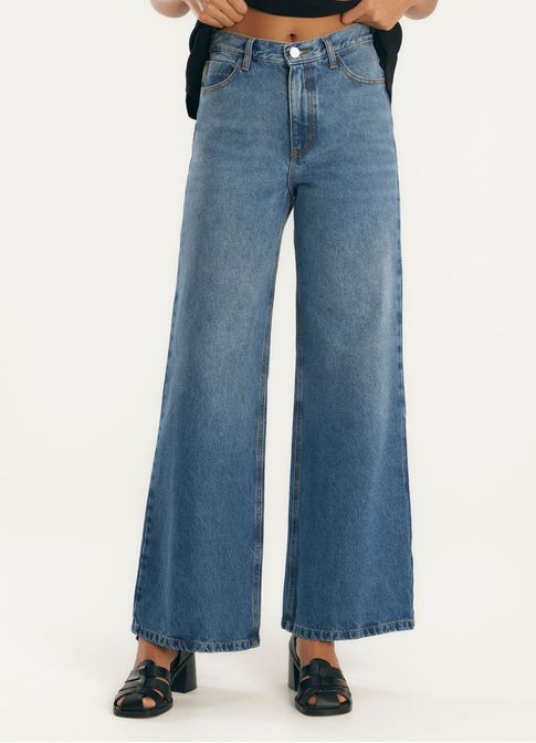 Calça jeans wide leg basic destroyed jeans