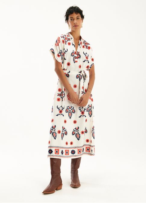 Vestido linho bord. floral mistico