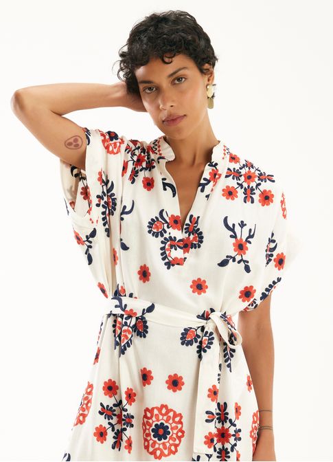 Vestido linho bord. floral mistico