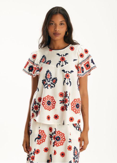 Blusa linho bordado floral místico
